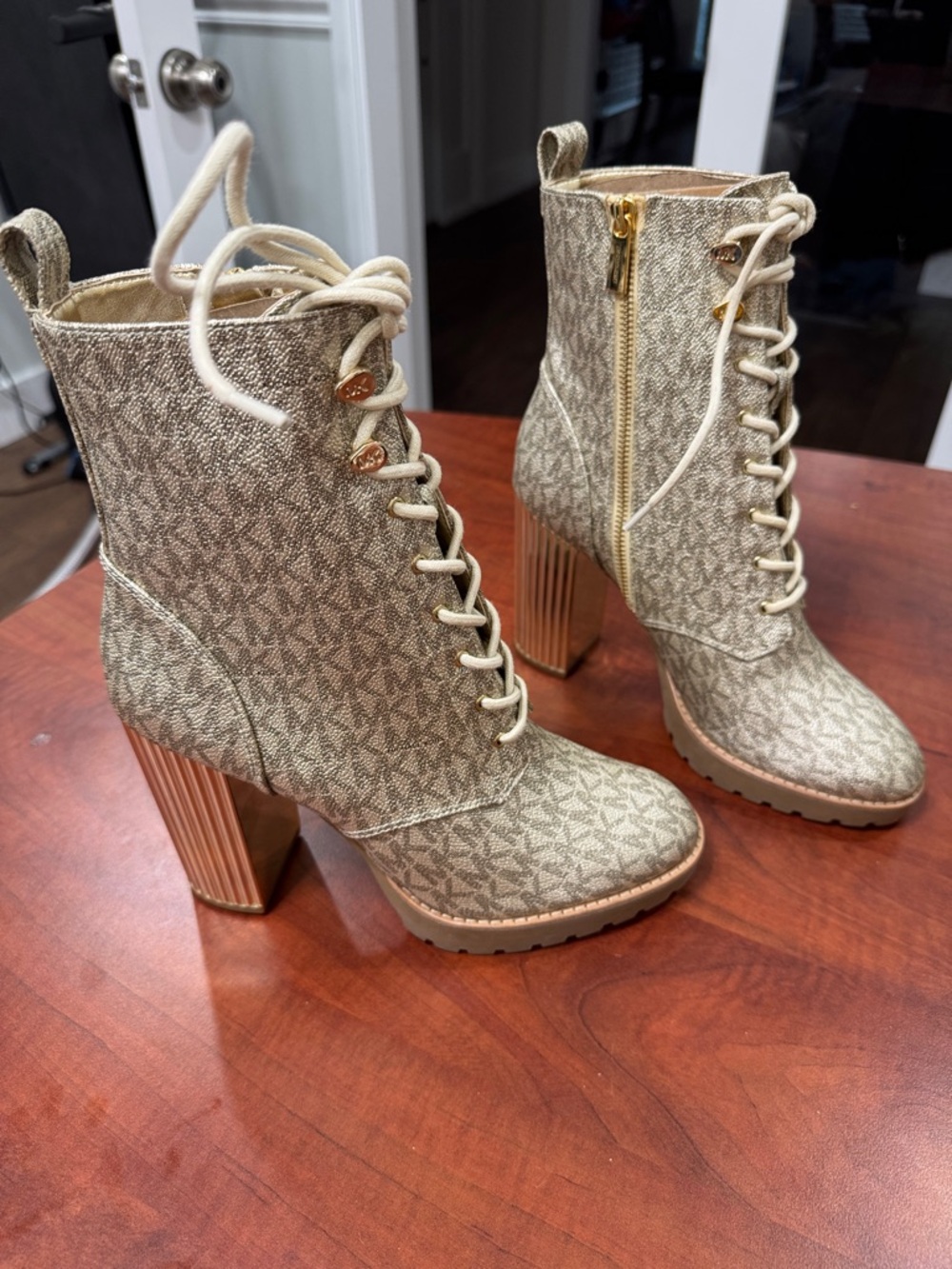 Michael Kors Metallic Gold Lace-Up Logo Combat Boots - Picture 2 of 5